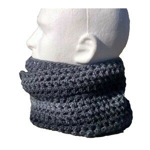 Handmade Mens Women's Striped Cowl Infinity Wool Scarf Wrap Gray Black Crochet